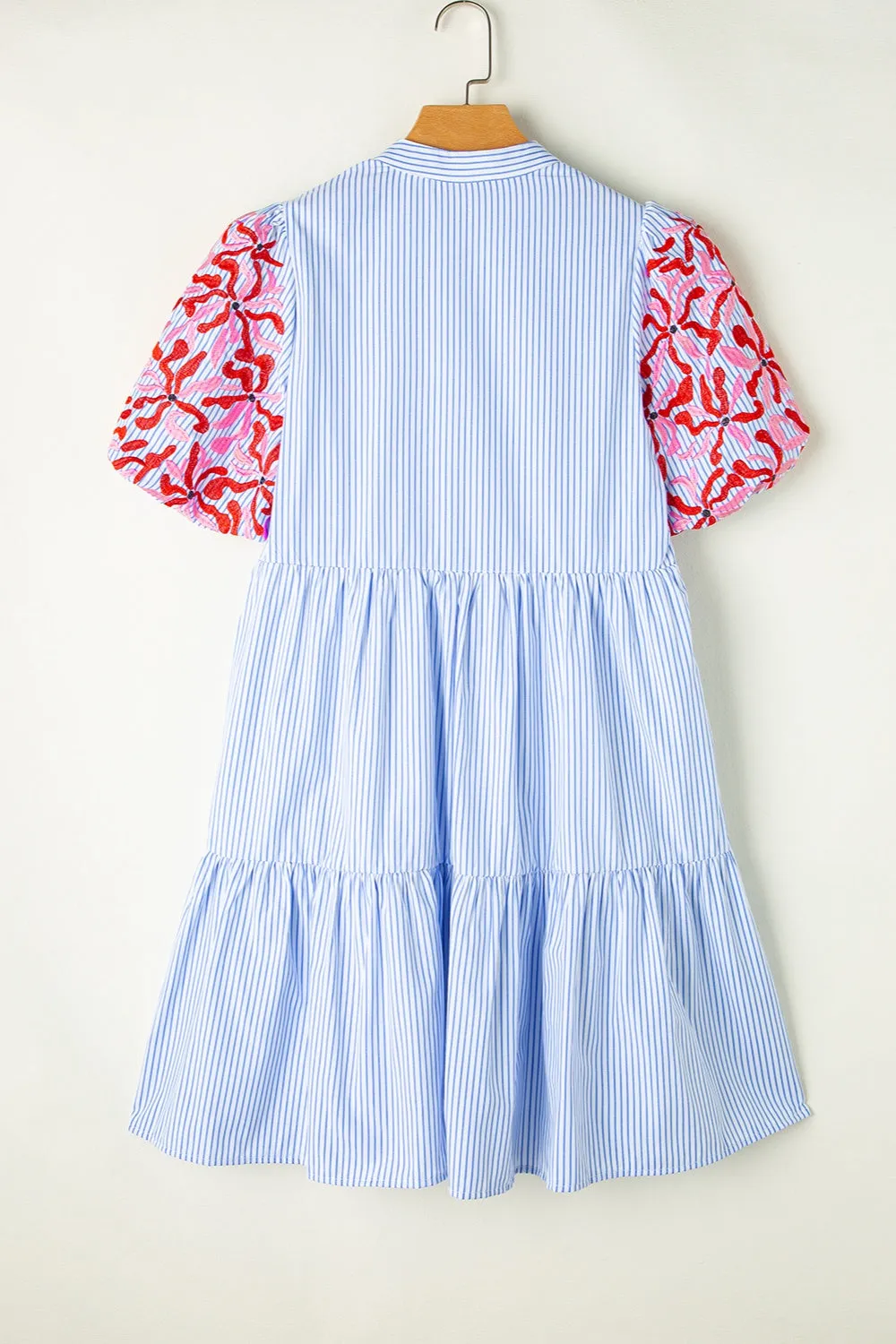 Shiloh Embroidered Striped Notched Short Sleeve Dress