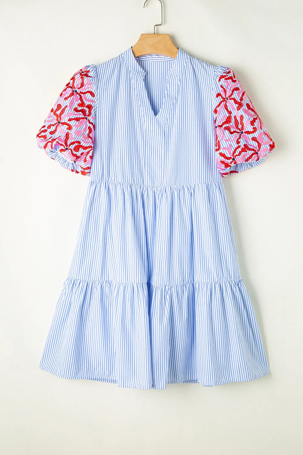 Shiloh Embroidered Striped Notched Short Sleeve Dress