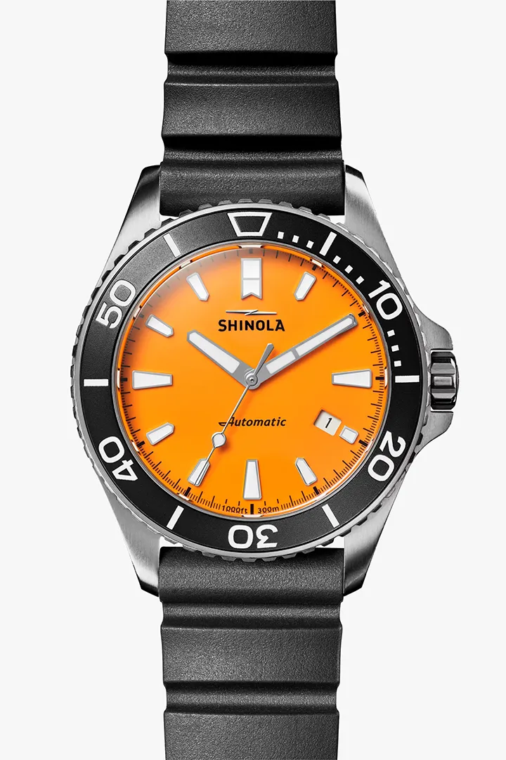 SHINOLA MONSTER 43 MM BLACK RUBBER STRAP WITH ORANGE DIAL STAINLESS STEEL WATCH