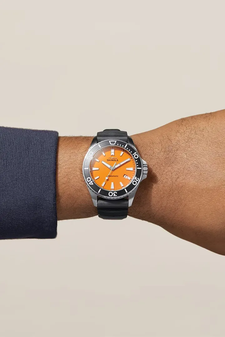 SHINOLA MONSTER 43 MM BLACK RUBBER STRAP WITH ORANGE DIAL STAINLESS STEEL WATCH