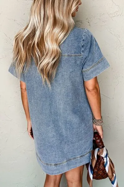 Short Sleeve Collared Patched Pocket Denim Mini Dress