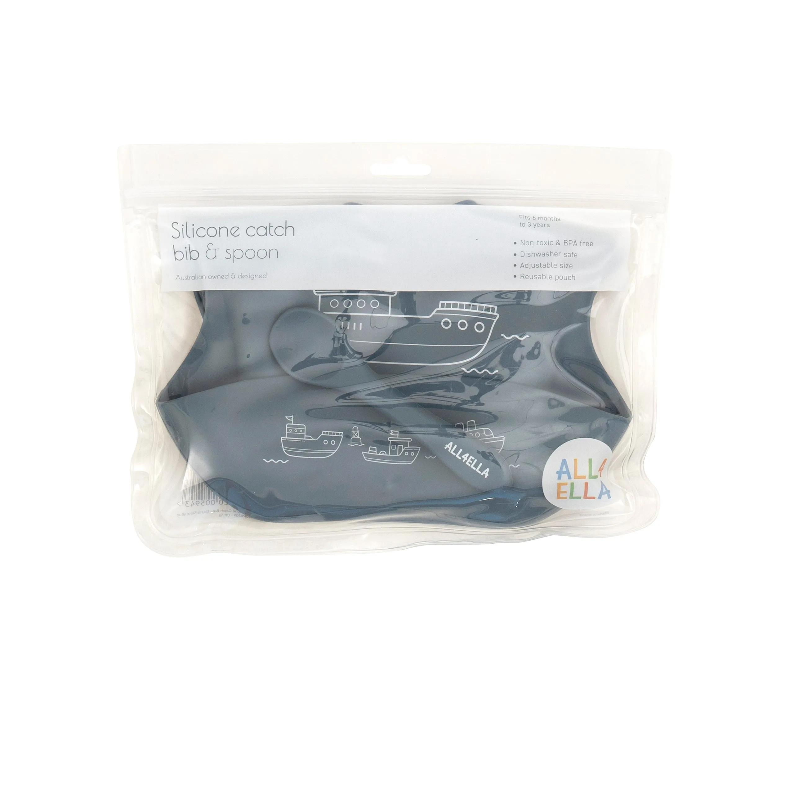 Silicone Catch Bib & Spoon - 4M  (4 designs)
