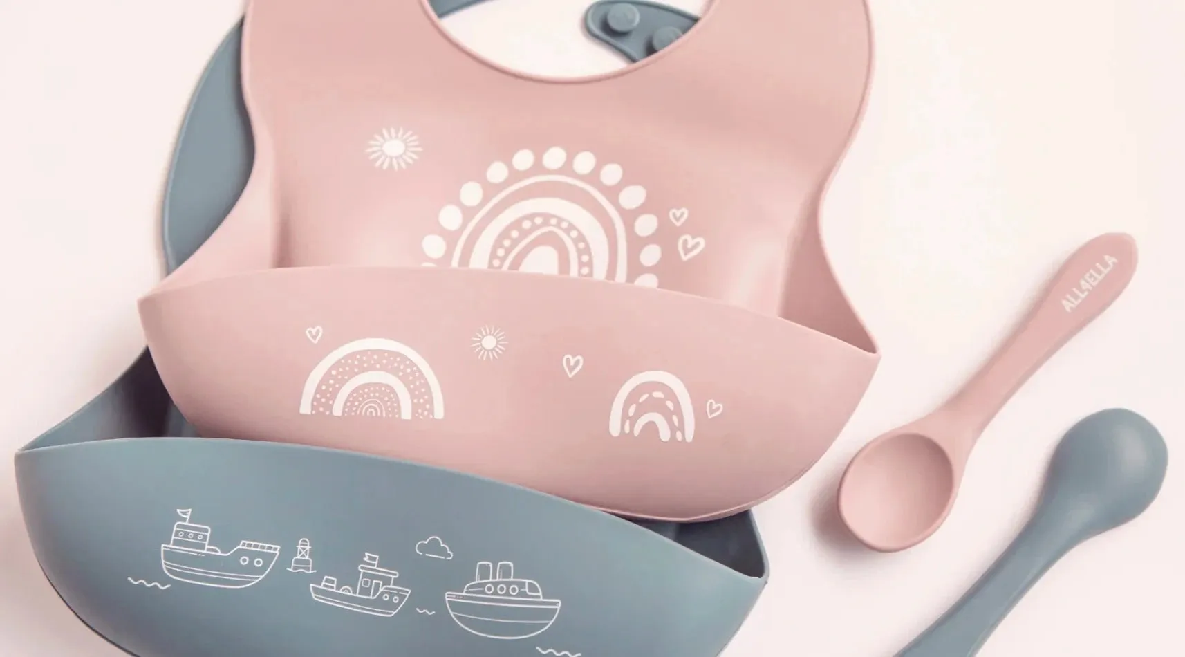 Silicone Catch Bib & Spoon - 4M  (4 designs)