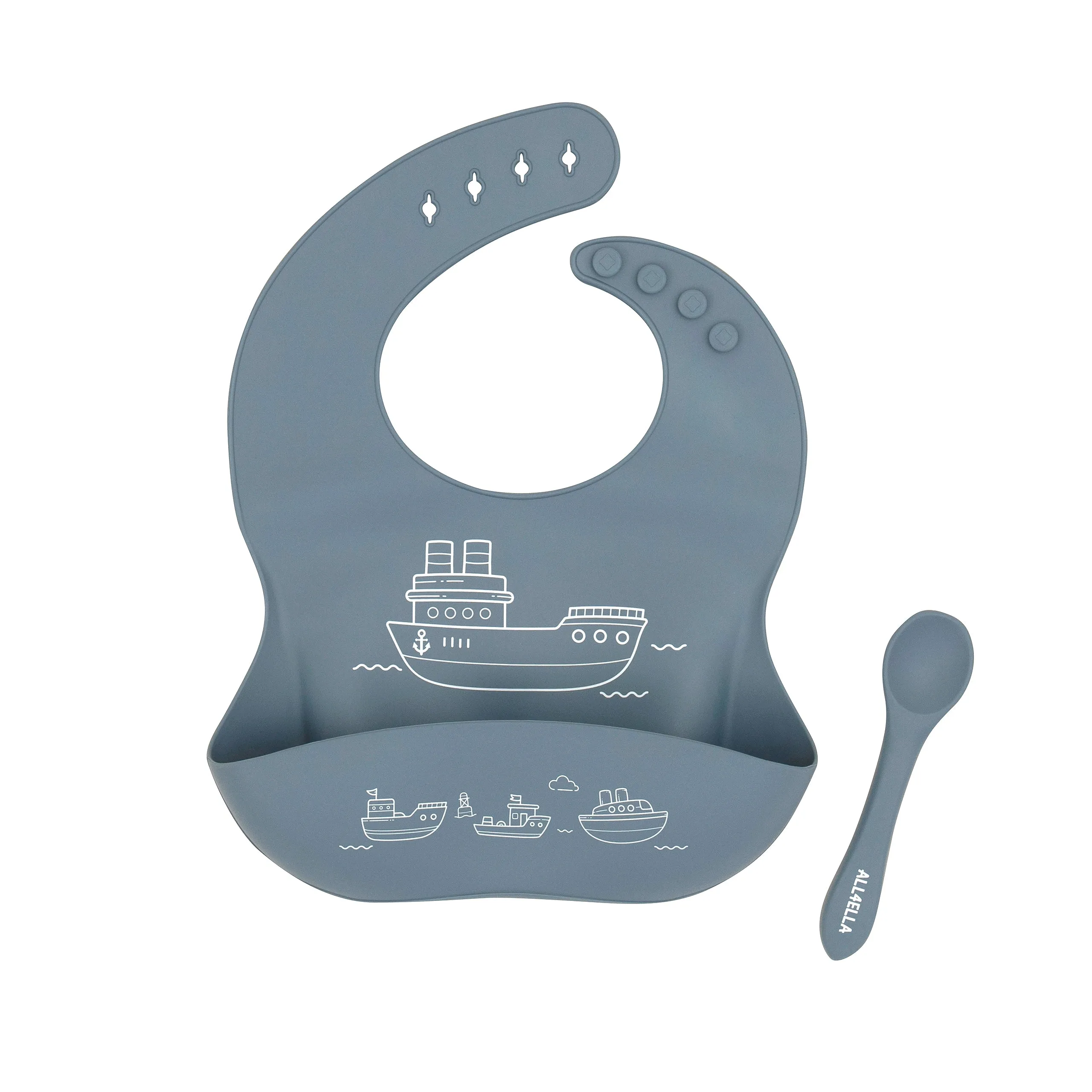 Silicone Catch Bib & Spoon - 4M  (4 designs)