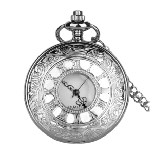 Silver Analog Quartz Engraved Demi Pocket Watch