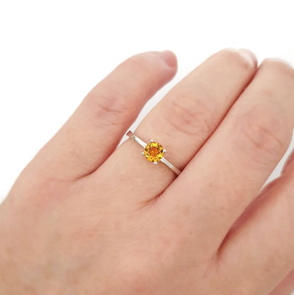 Silver Four Claw Solitaire Citrine Round Cut Ring