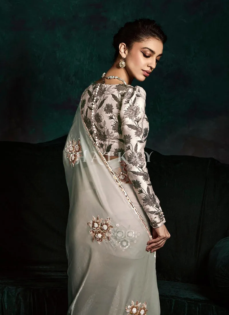 Silver Grey And Charcoal Handwork Tissue Silk Saree