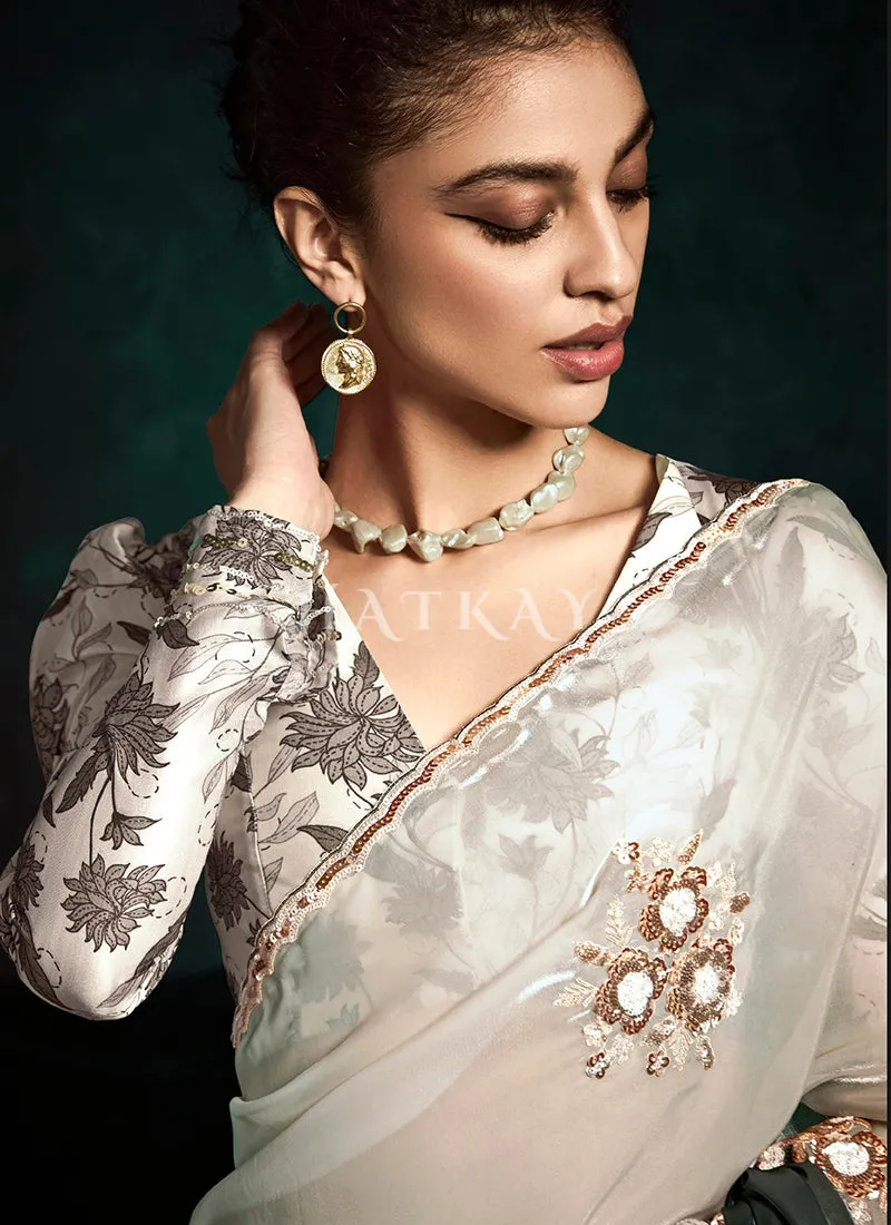Silver Grey And Charcoal Handwork Tissue Silk Saree