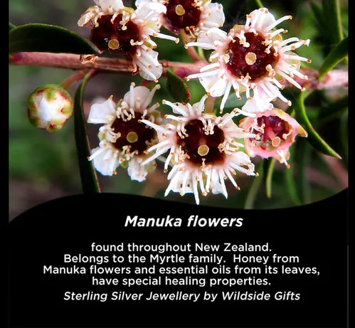 SILVER MANUKA FLOWER PENDANT WITH A ROSE QUARTZ CENTRE STONE.