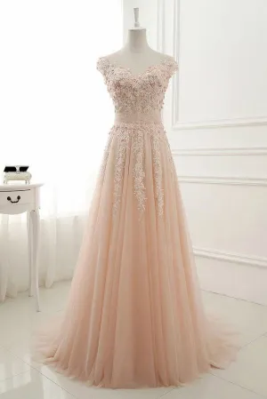 Simple Round Neck Lace Appliqued Prom Dress Tulle A Line Evening Dress OK427