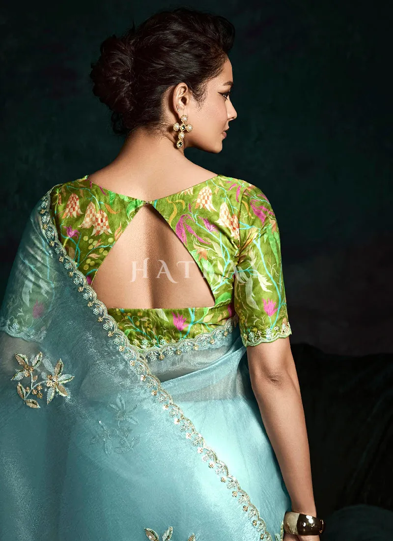 Sky Blue And Green Handwork Tissue Silk Saree
