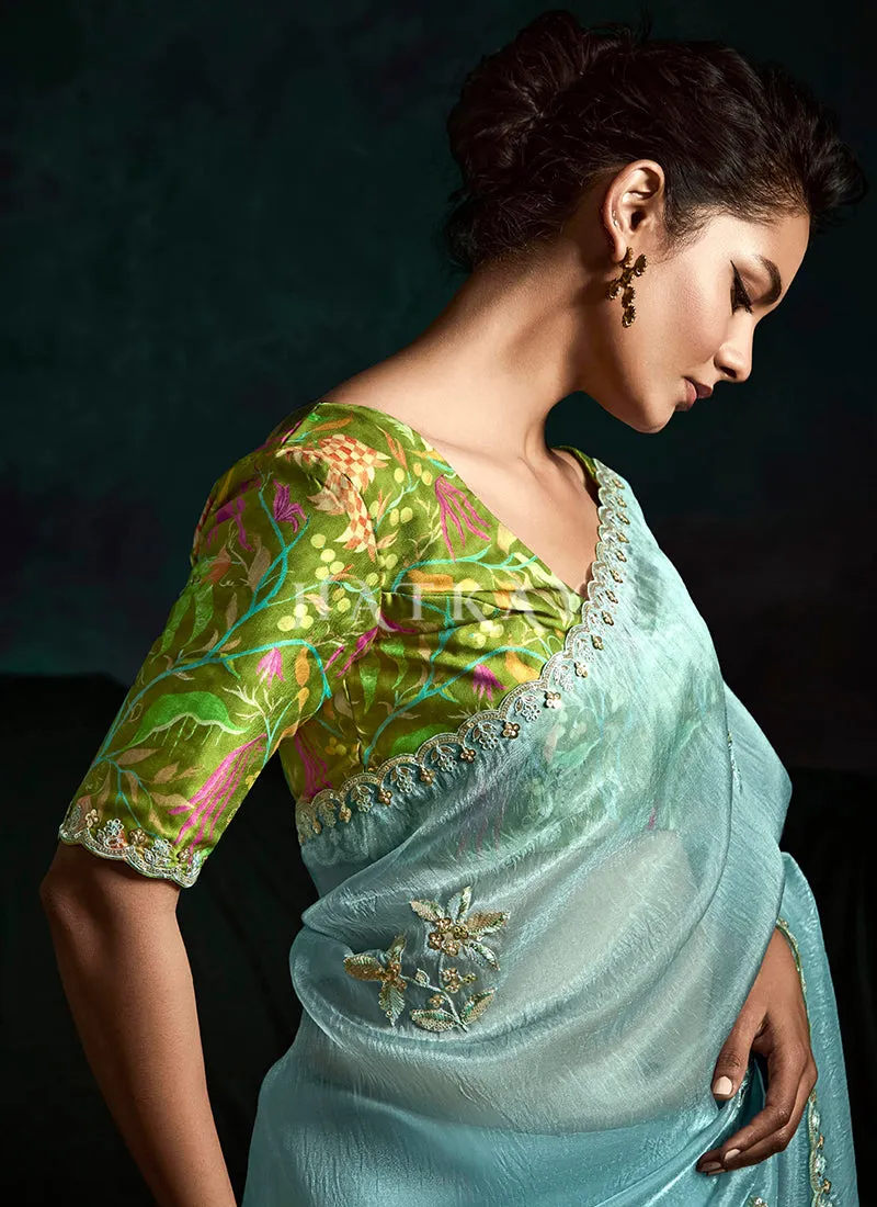 Sky Blue And Green Handwork Tissue Silk Saree