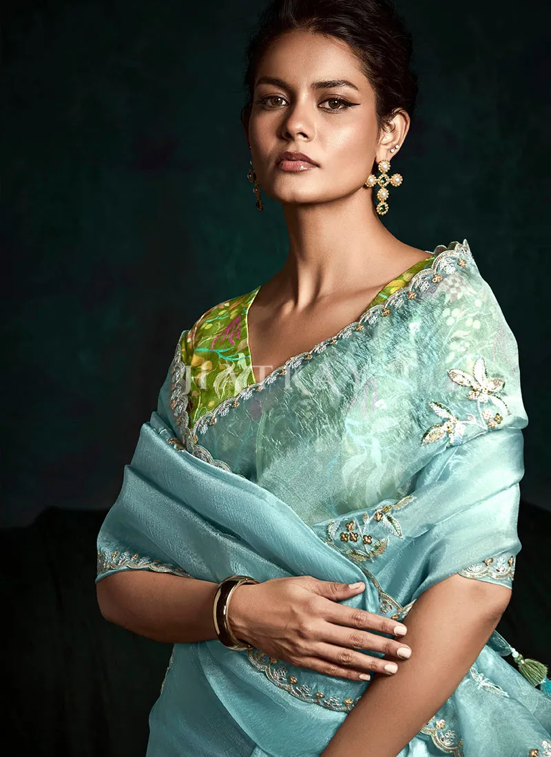 Sky Blue And Green Handwork Tissue Silk Saree