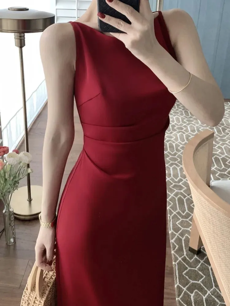 Sleeveless Elegant Bodycon Summer Dress Casual Solid Chic Vintage Sexy Long Dress