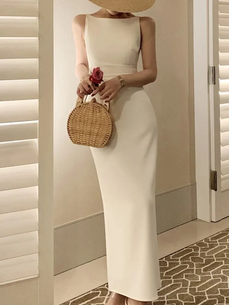Sleeveless Elegant Bodycon Summer Dress Casual Solid Chic Vintage Sexy Long Dress