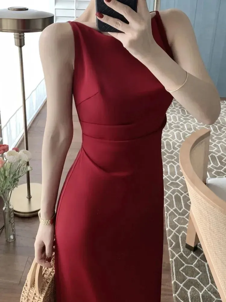 Sleeveless Elegant Bodycon Summer Dress Casual Solid Chic Vintage Sexy Long Dress