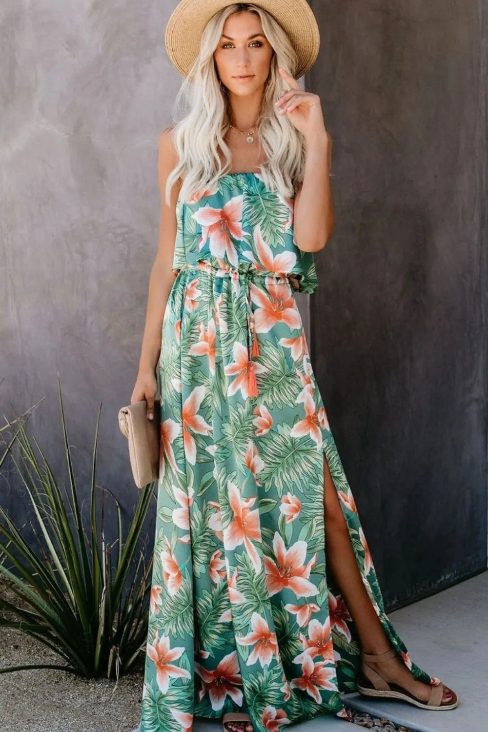 Slit Tropical Sleeveless Tube Dress