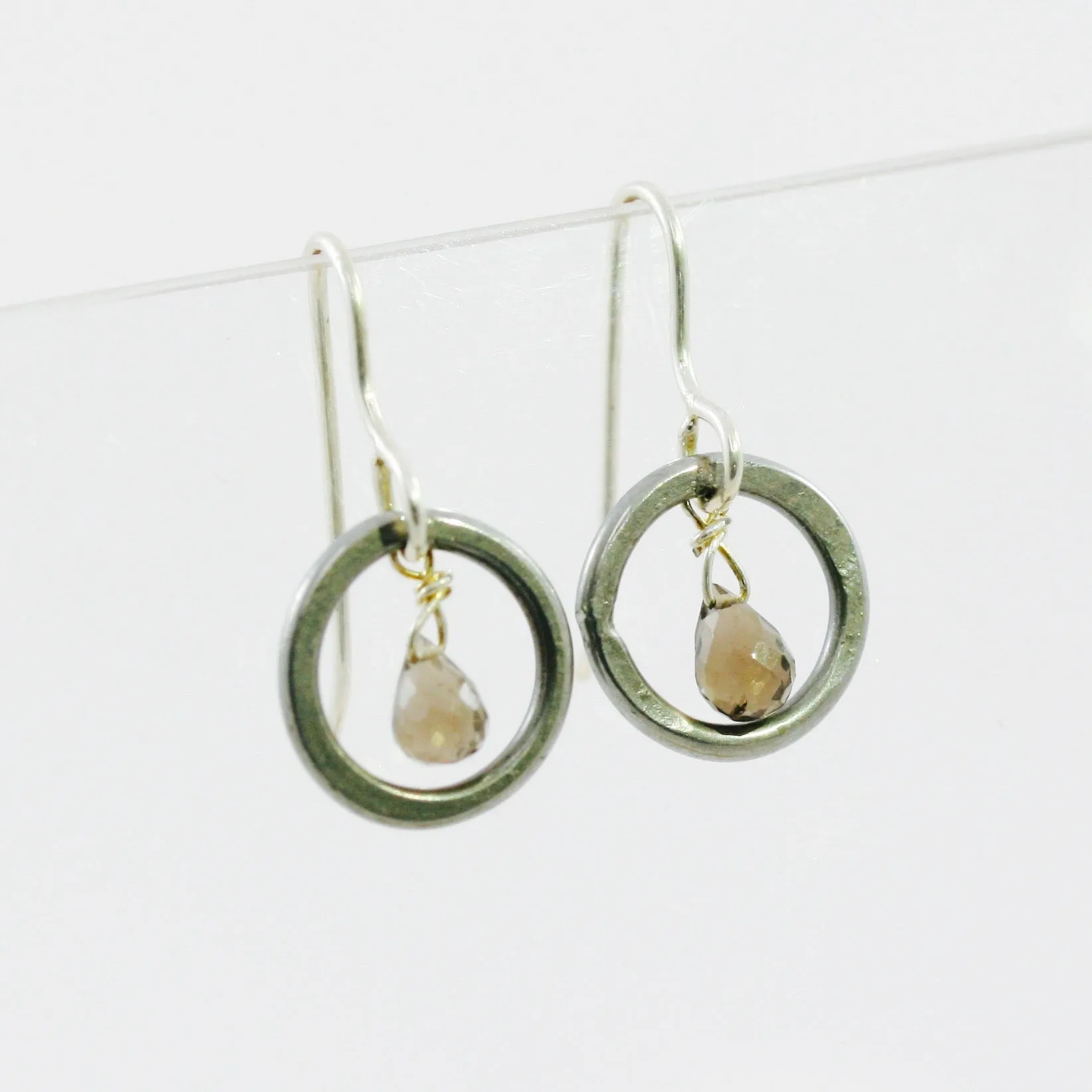 Small Hoop Earrings with Briolette Smokey Quartz