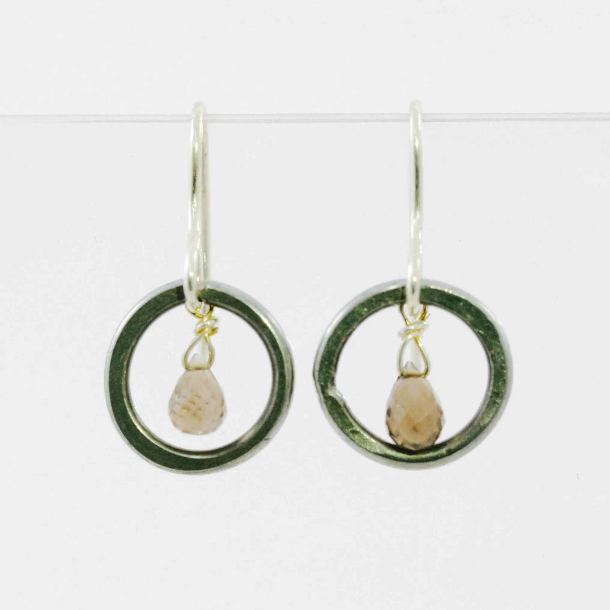 Small Hoop Earrings with Briolette Smokey Quartz