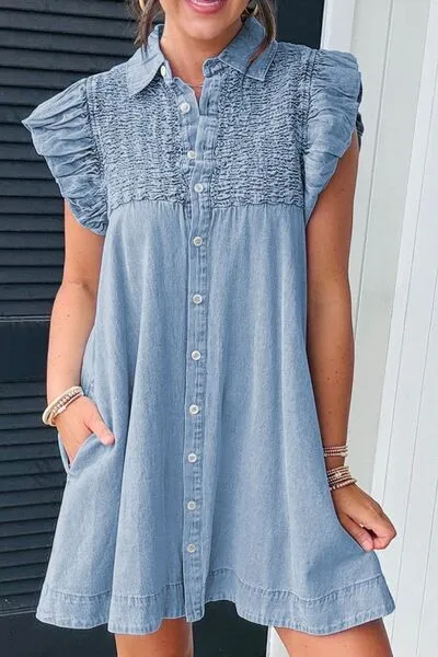 Smocked Collared Neck Cap Sleeve Denim Dress
