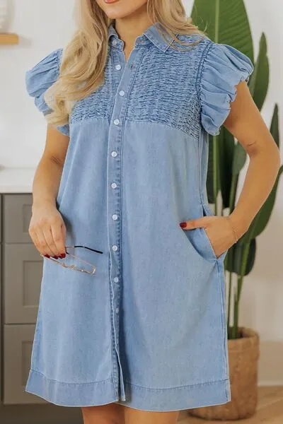 Smocked Collared Neck Cap Sleeve Denim Dress