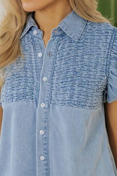 Smocked Collared Neck Cap Sleeve Denim Dress
