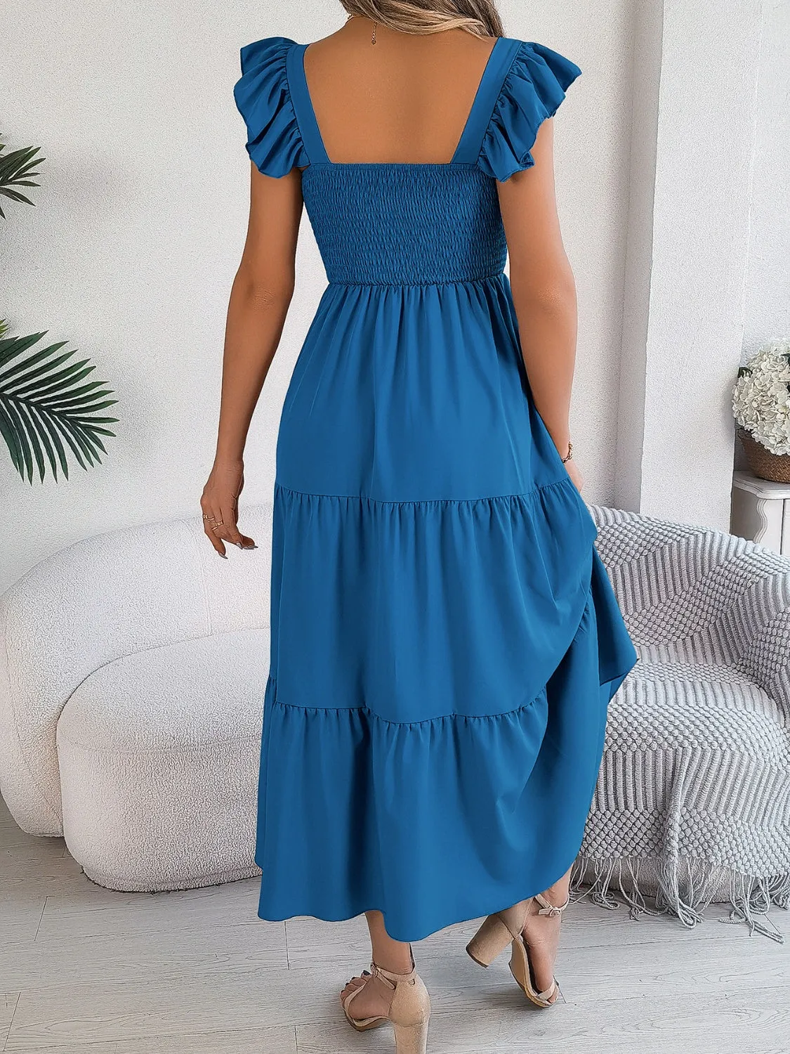 Smocked Square Neck Cap Sleeve Midi Dress (5 Colors)