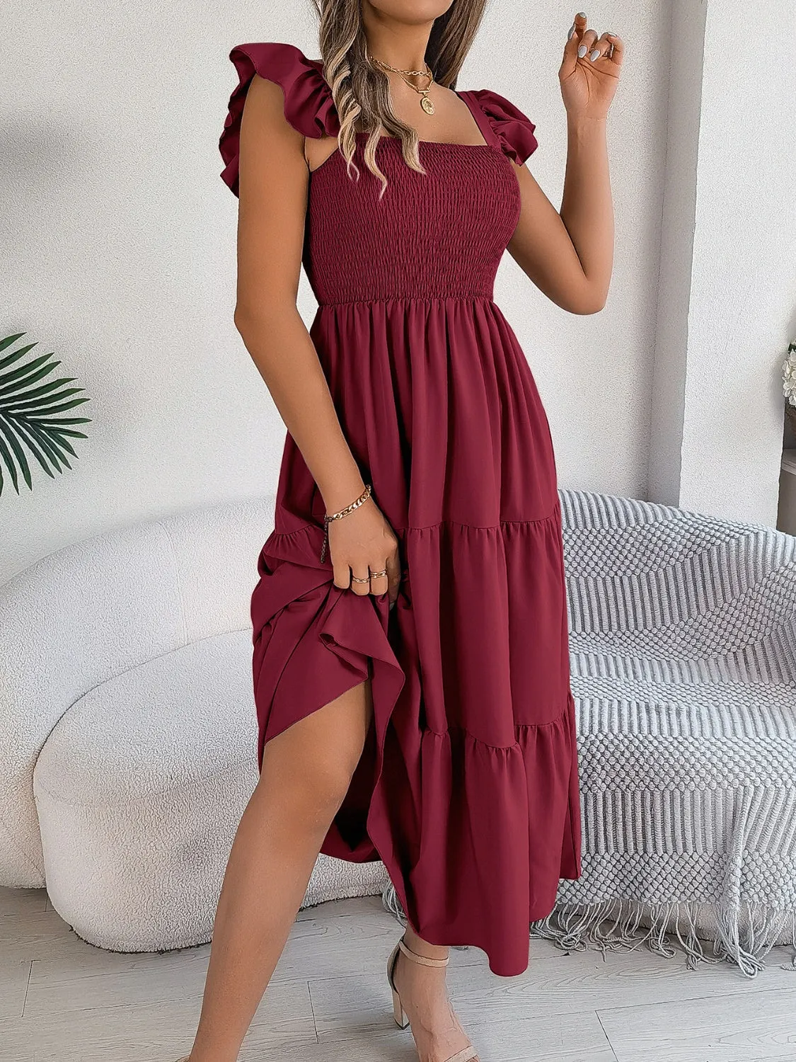 Smocked Square Neck Cap Sleeve Midi Dress (5 Colors)