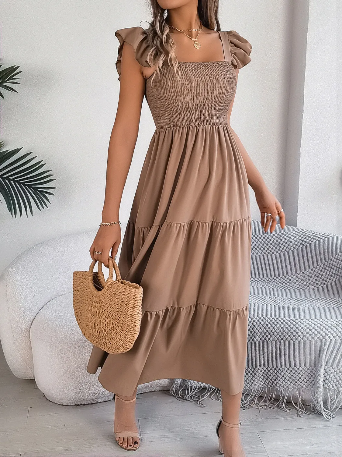 Smocked Square Neck Cap Sleeve Midi Dress (5 Colors)
