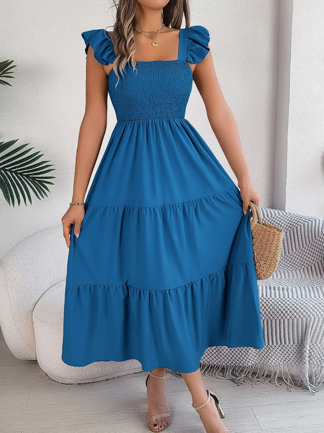 Smocked Square Neck Cap Sleeve Midi Dress (5 Colors)