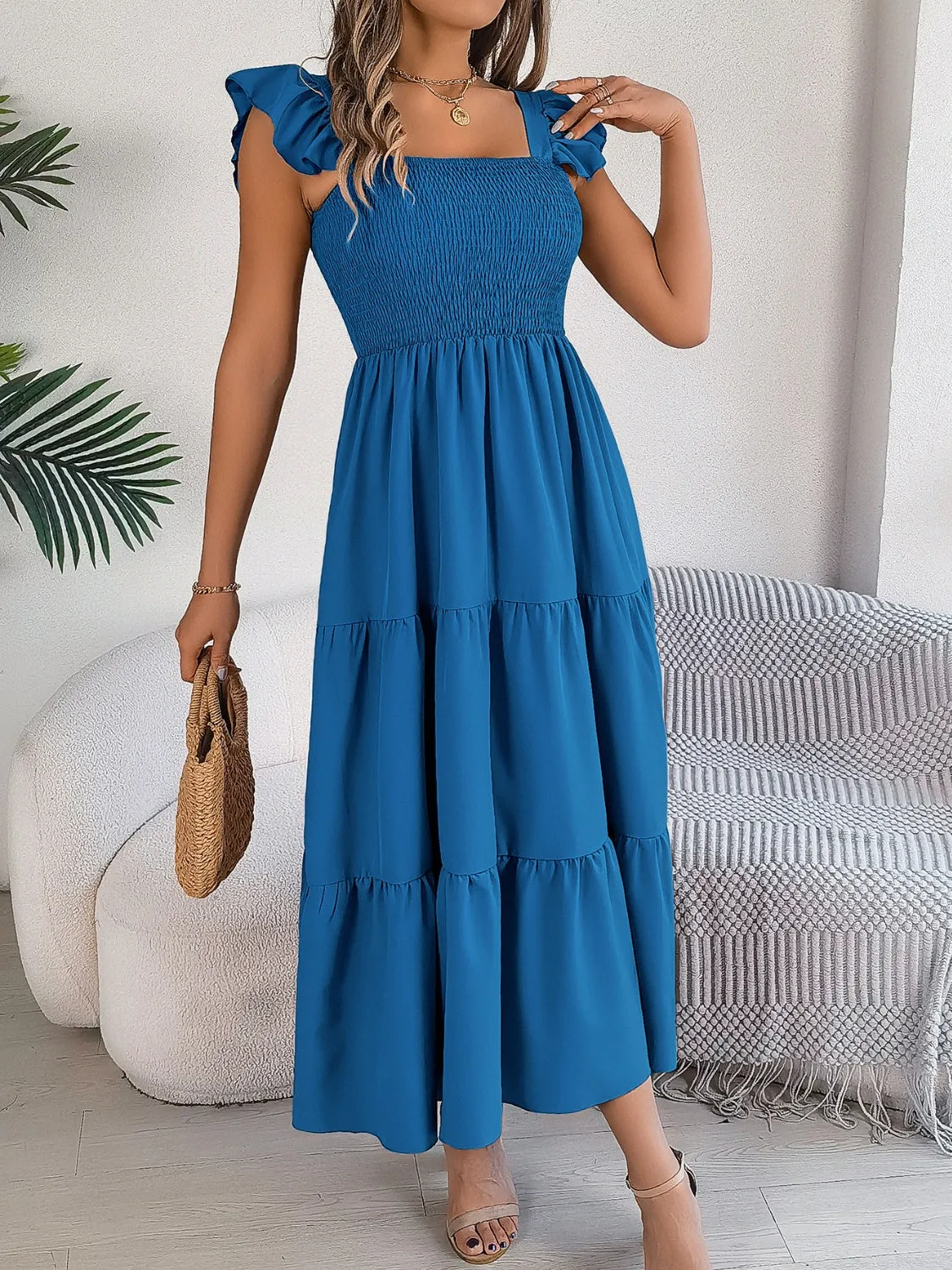 Smocked Square Neck Cap Sleeve Midi Dress (5 Colors)
