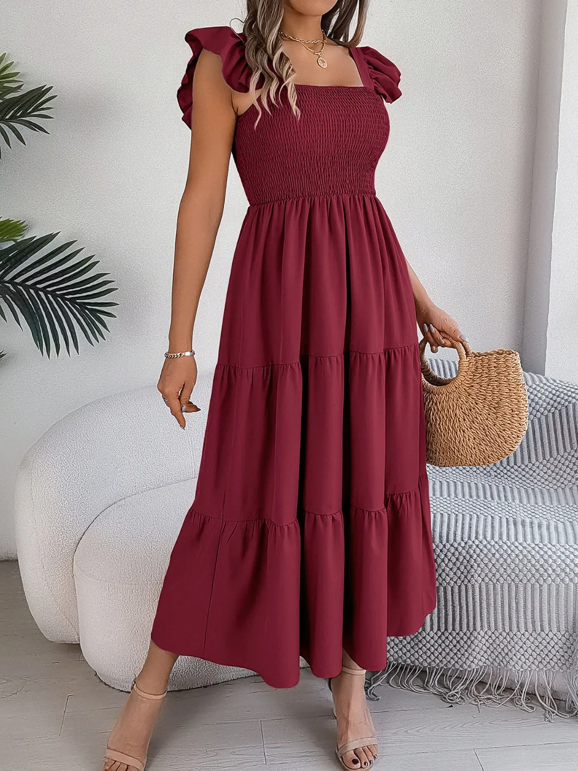 Smocked Square Neck Cap Sleeve Midi Dress (5 Colors)