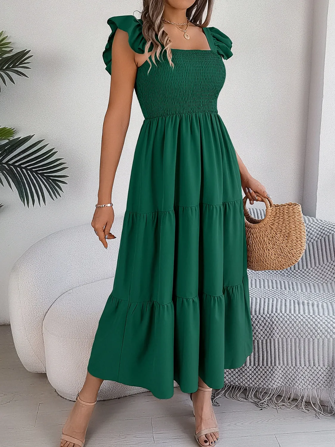 Smocked Square Neck Cap Sleeve Midi Dress (5 Colors)