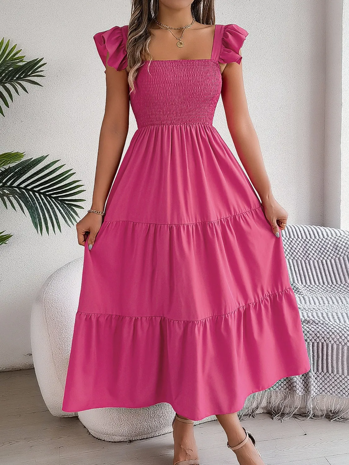 Smocked Square Neck Cap Sleeve Midi Dress (5 Colors)