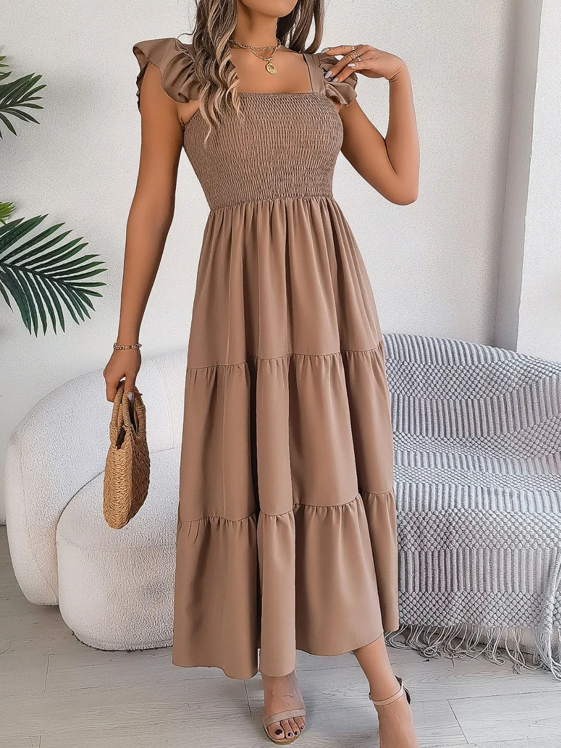 Smocked Square Neck Cap Sleeve Midi Dress (5 Colors)