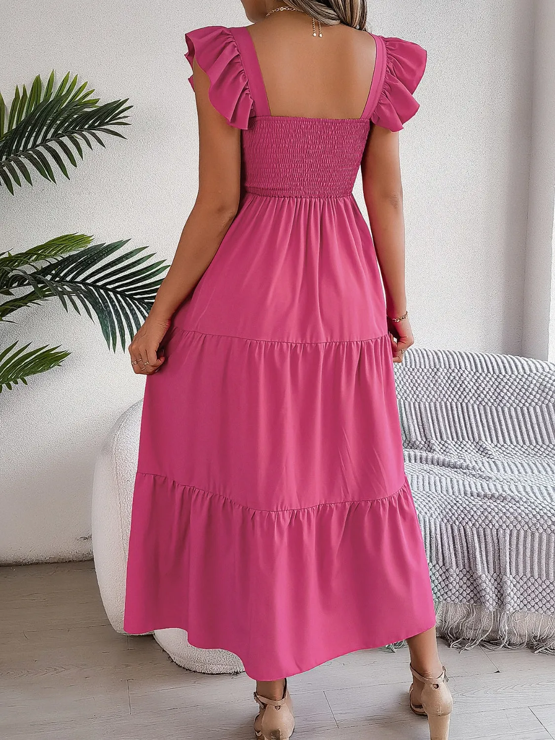 Smocked Square Neck Cap Sleeve Midi Dress (5 Colors)