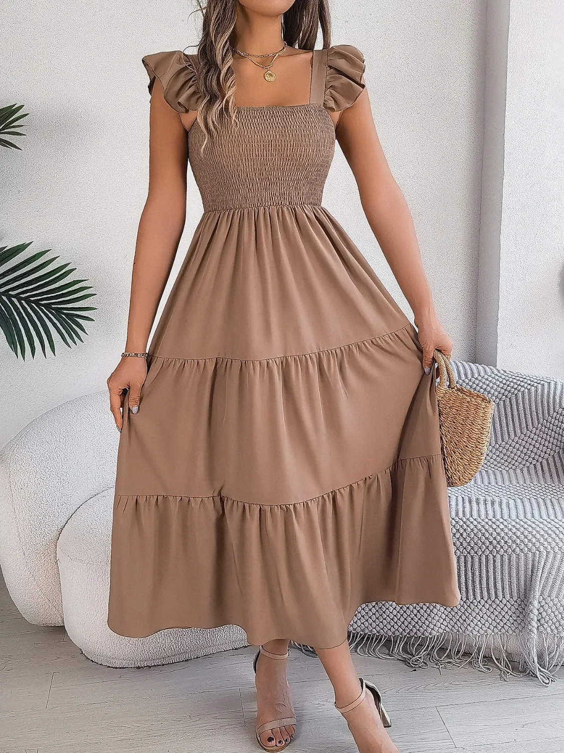 Smocked Square Neck Cap Sleeve Midi Dress (5 Colors)