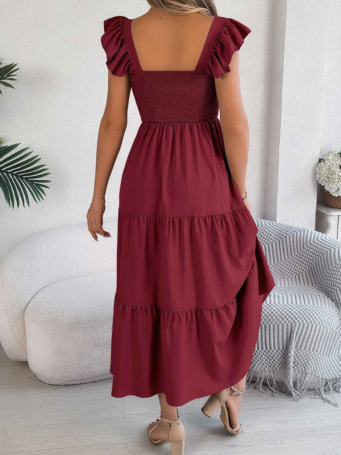 Smocked Square Neck Cap Sleeve Midi Dress (5 Colors)