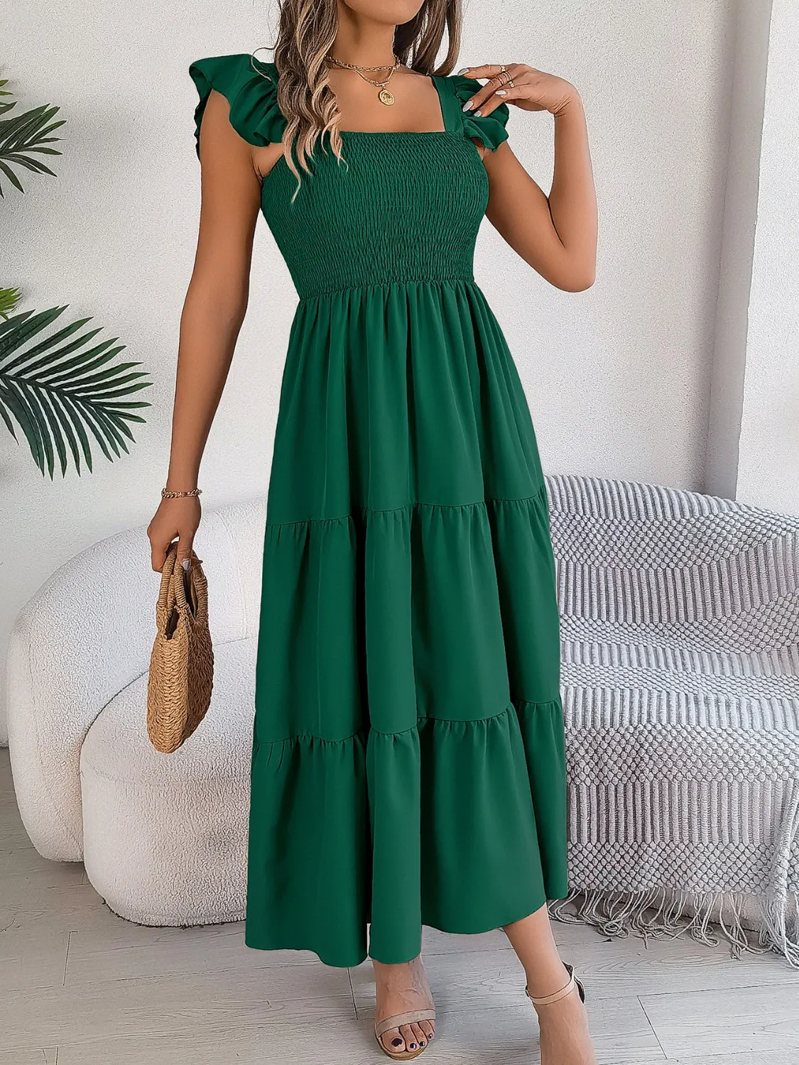 Smocked Square Neck Cap Sleeve Midi Dress (5 Colors)