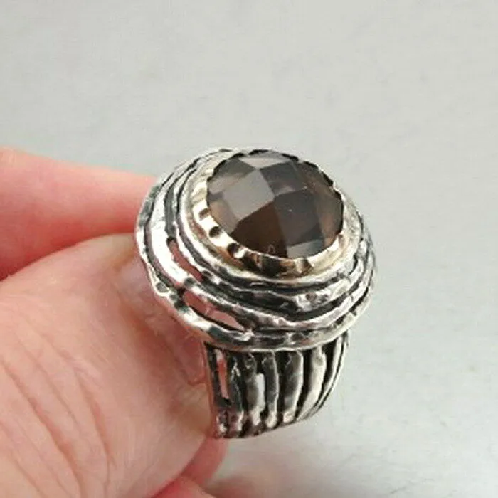 Smokey Ring Yellow Gold Sterling Silver sz 7,7.5 Handmade Hadar Designers () LAST