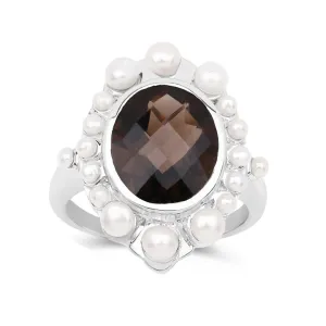 Smoky Quartz and Pearl Silver Halo Ring