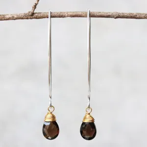 Smoky Quartz genuine gemstone drop earrings with long marquis sterling silver earwire and 24k gold wrapped gemstone drop