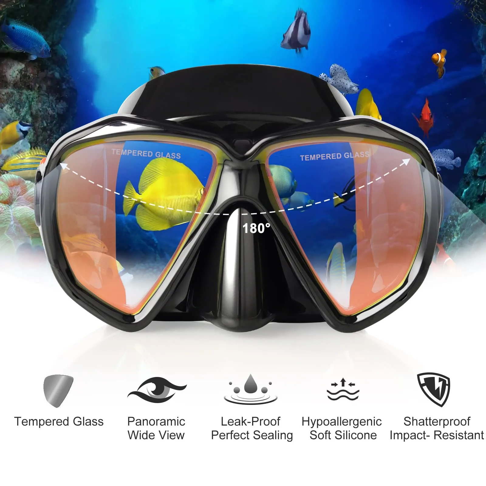 Snorkel Diving Mask, Panoramic HD Swim Mask, Anti-Fog Scuba Diving Goggles, Silicone Skirt Tempered Glass Dive Mask Adult Youth Swim Goggles with Nose Cover for Diving, Snorkeling
