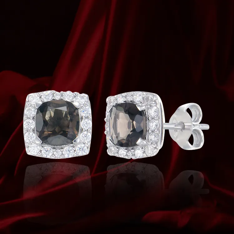 Sophisticated Luscious Natural Smoky Quartz Earrings with Halo