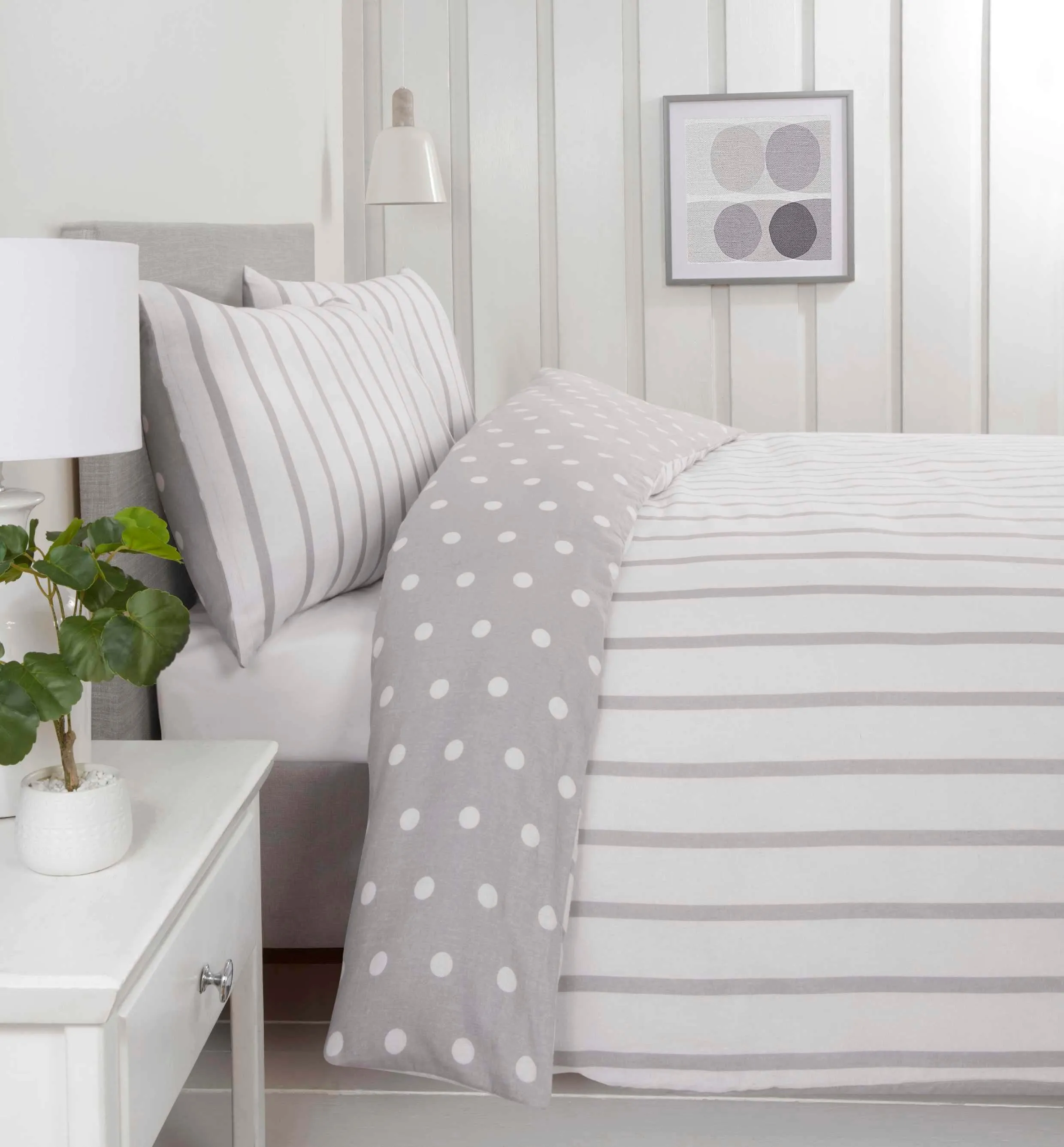 Spots & Stripes Brushed Duvet Cover Set - Grey