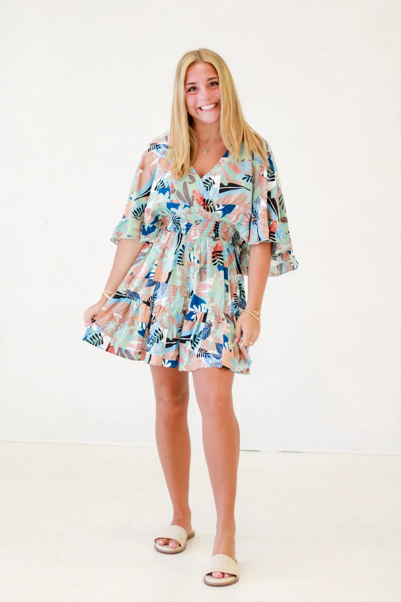 Spring Fling Challis Dress in Teal Grey