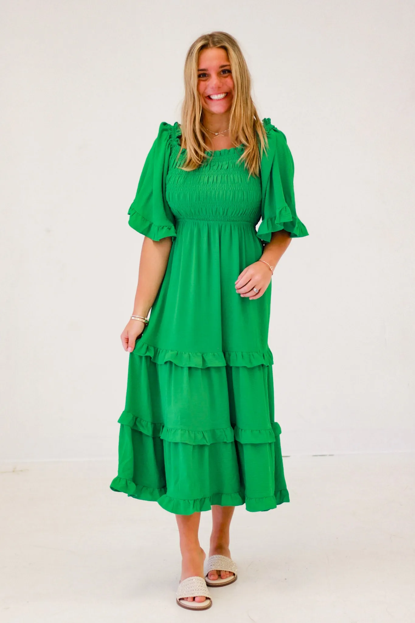 Spring Fling Square Neck Midi Dress in Green