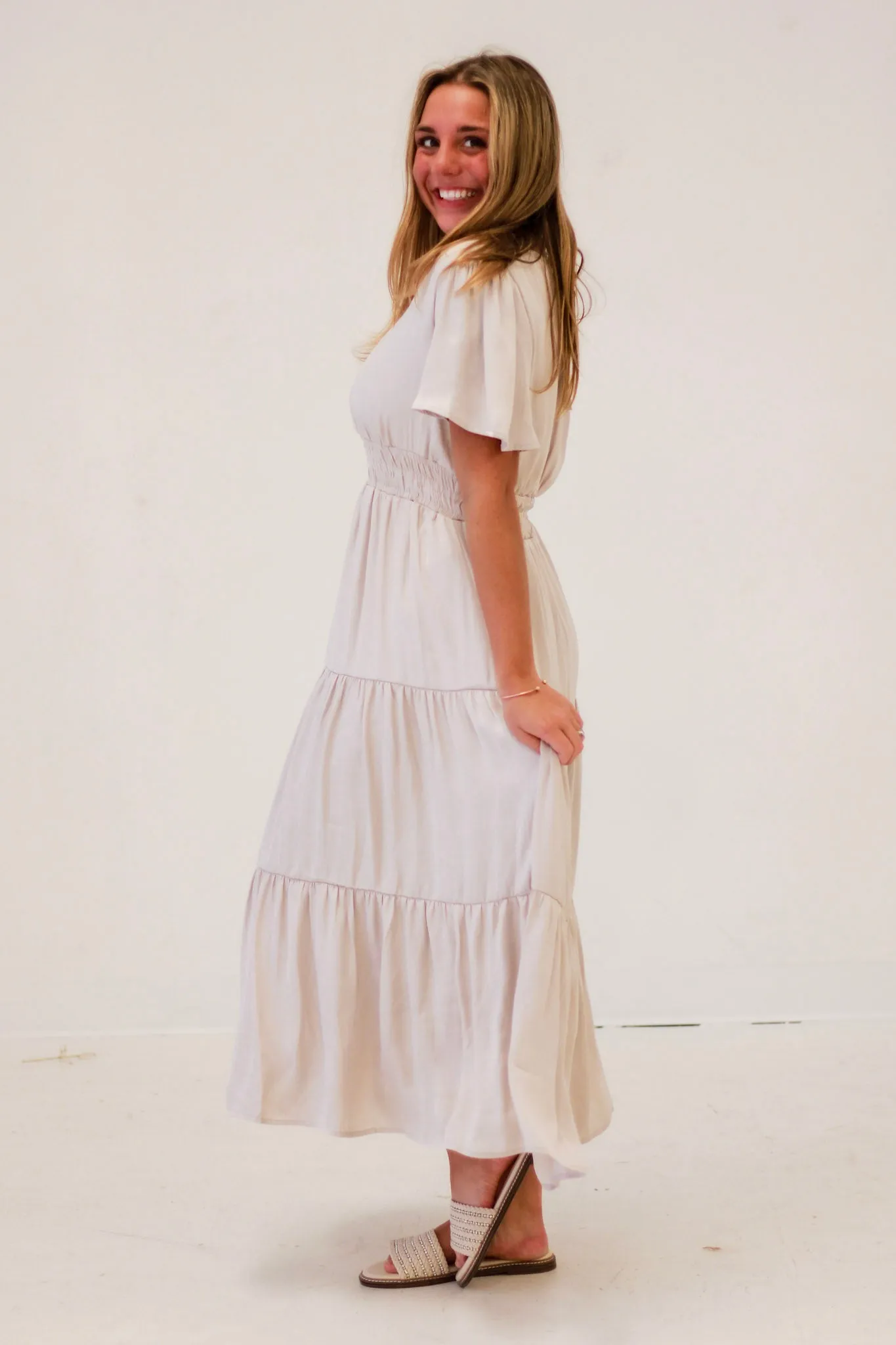 Spring Romance Tiered Midi Dress in Ivory
