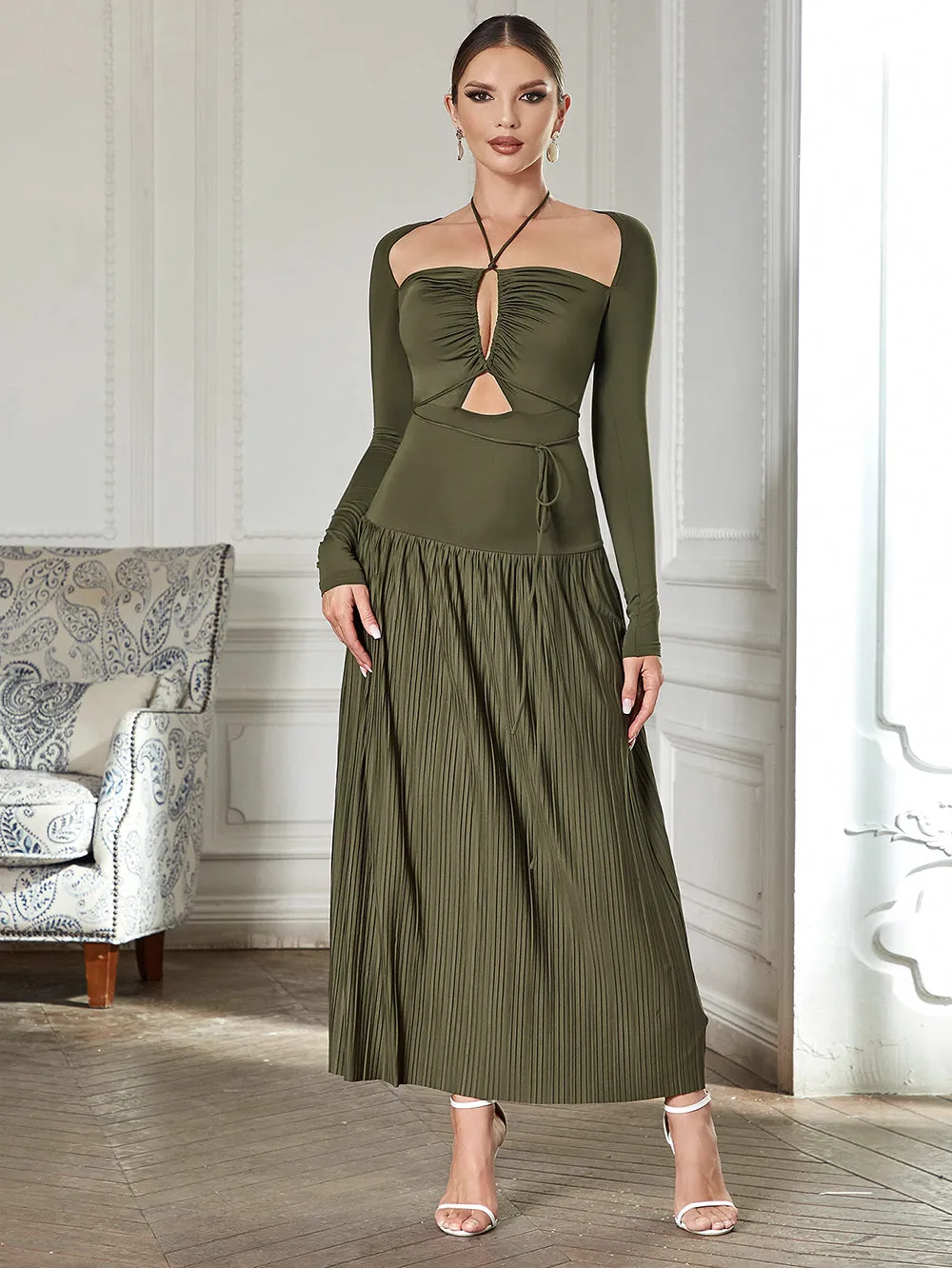 Square Collar Cut Out Maxi Bodycon Dress HB0348