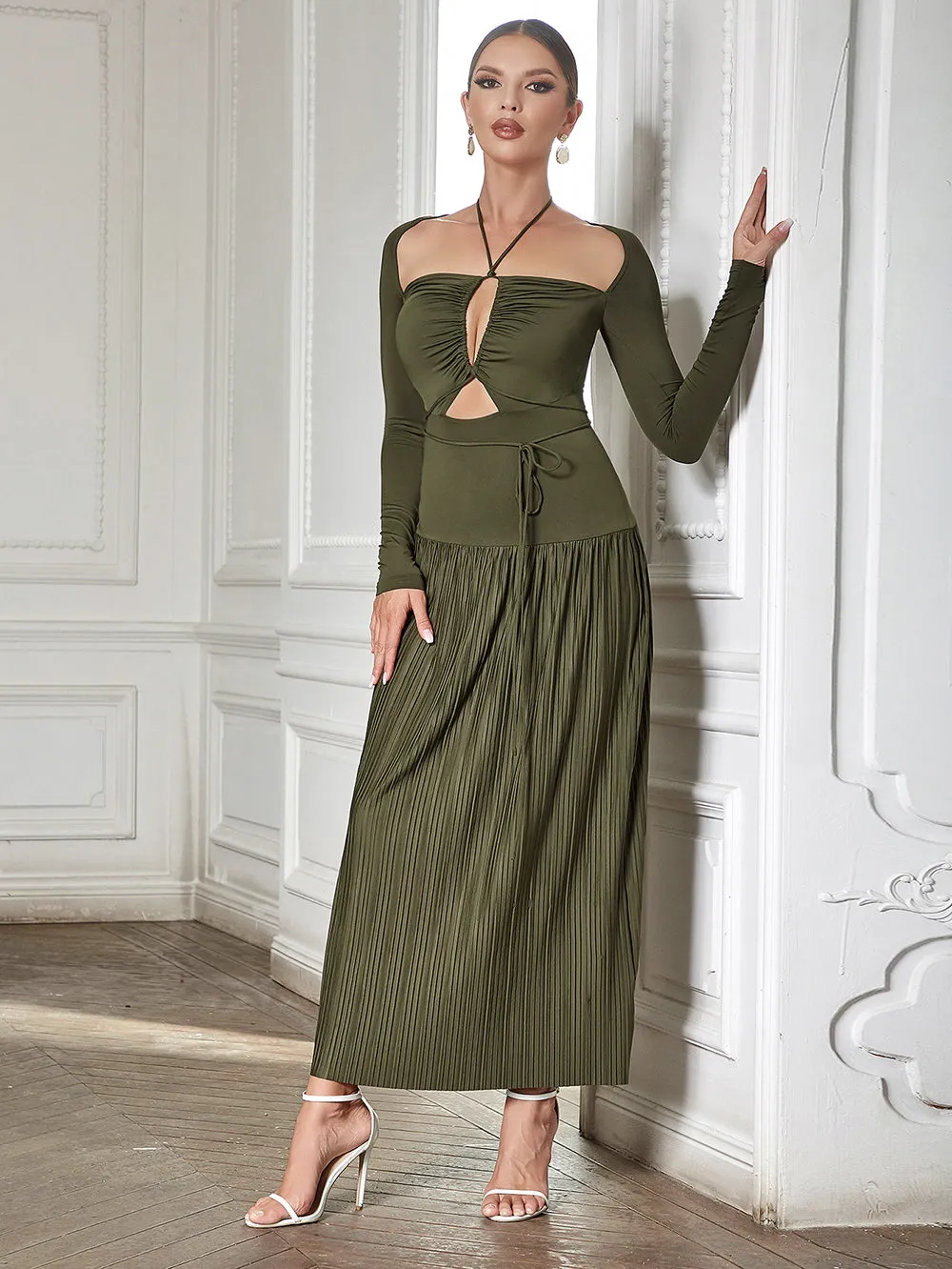 Square Collar Cut Out Maxi Bodycon Dress HB0348